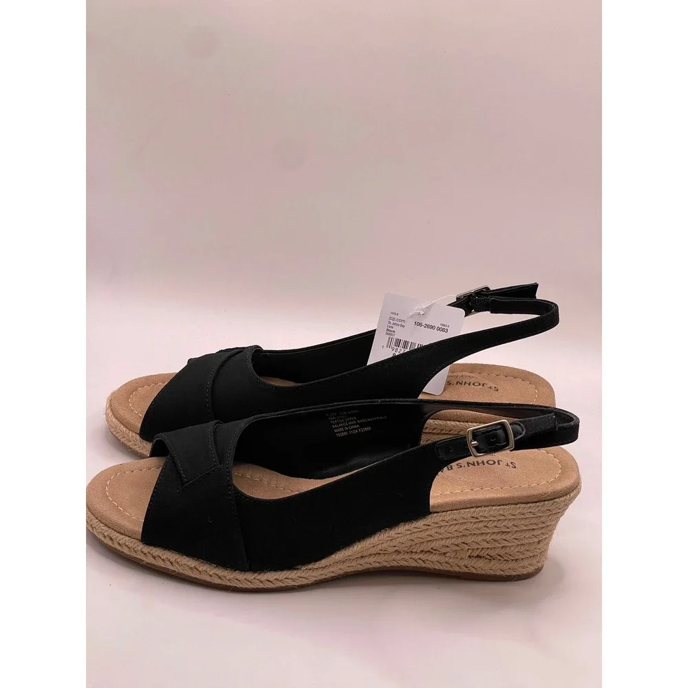 St. Johns Bay Lone Black Espadrille Wedge Sandals Memory Foam Womens 8.5 M